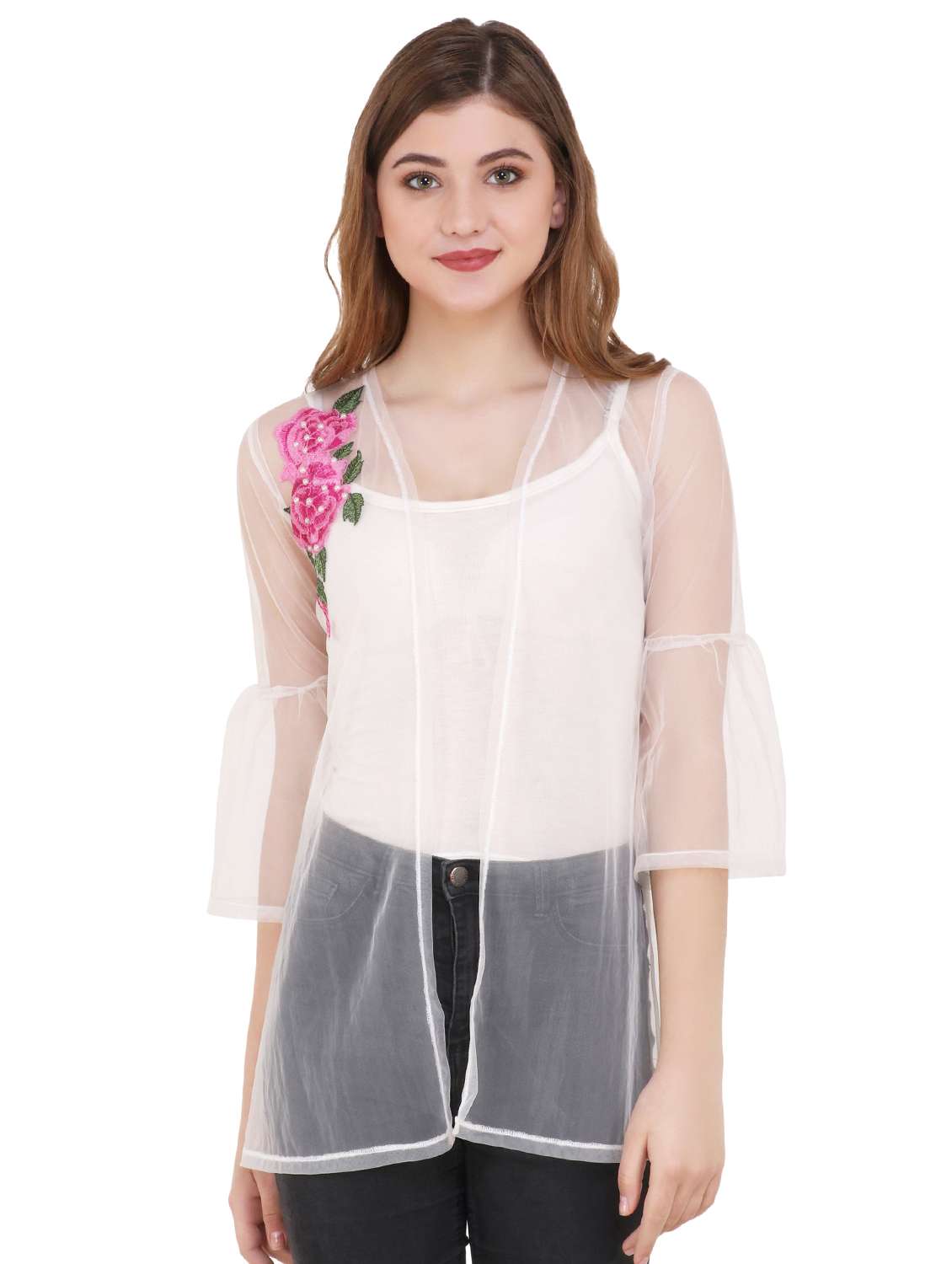 Buy online Floral Embroidered Sheer Shrug from shrugs Jackets