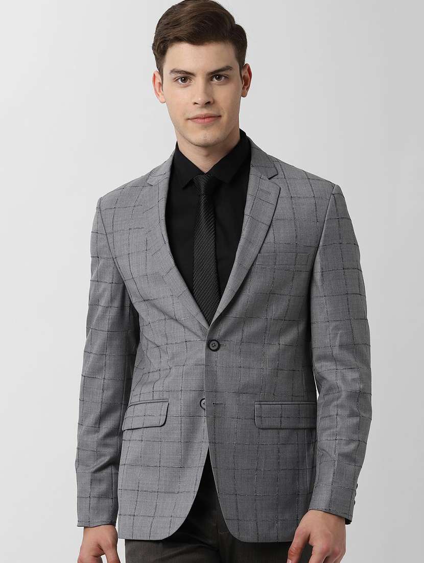 grey wool & polyester blend checkered casual blazer