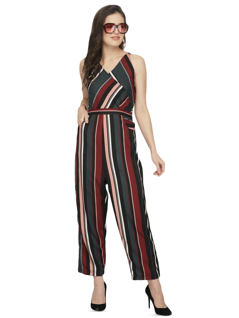 overlap neck striped jumpsuit - 16843955 - Zoom Image - 0