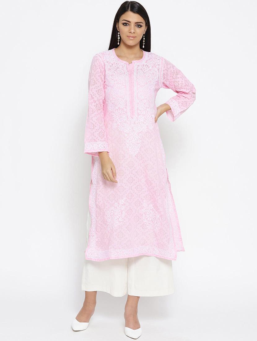 ada hand embroidered pink cotton lucknow chikankari kurta - 16844290 - Zoom Image - 0