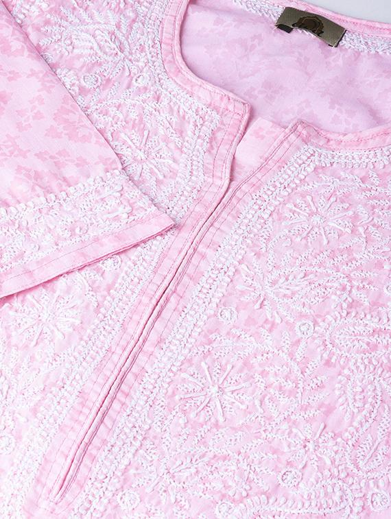 ada hand embroidered pink cotton lucknow chikankari kurta - 16844290 - Standard Image - 3
