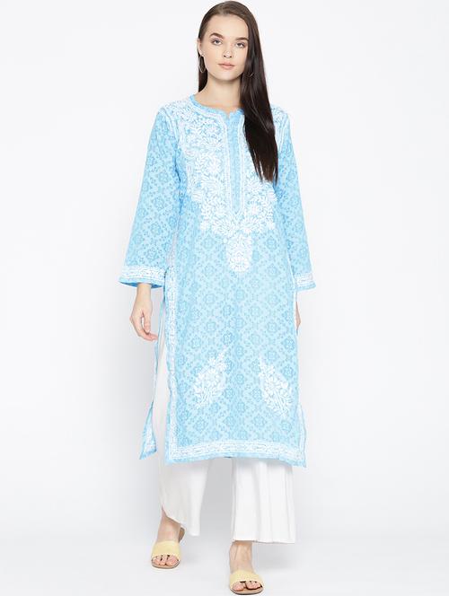 ada hand embroidered blue cotton lucknow chikankari kurta - 16844291 - Standard Image - 0
