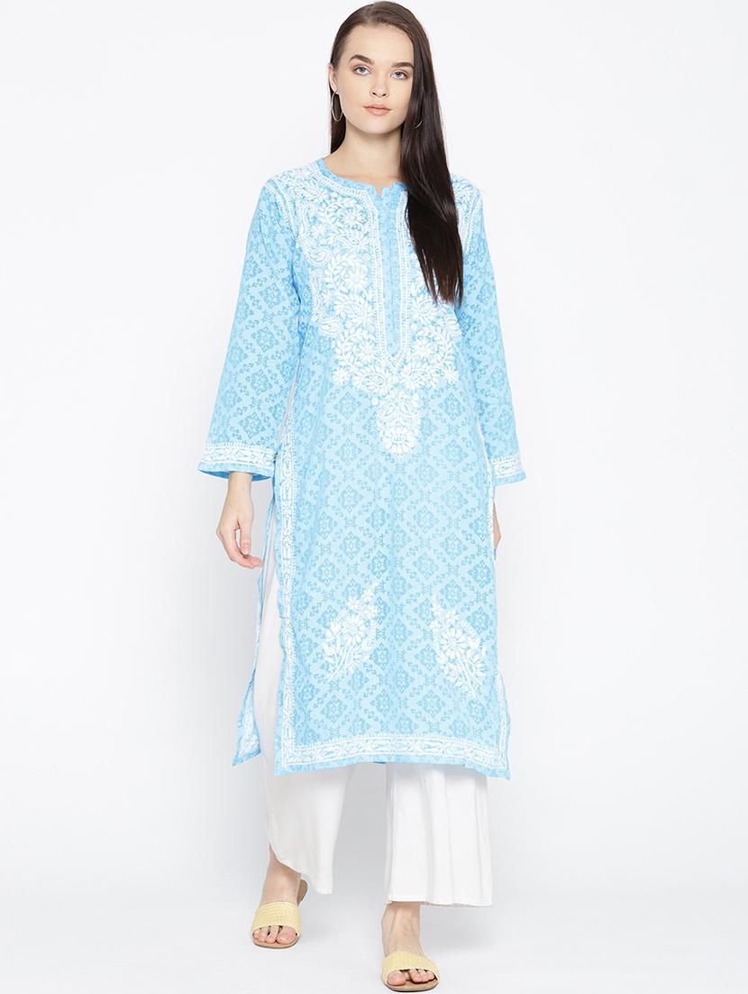 ada hand embroidered blue cotton lucknow chikankari kurta - 16844291 - Zoom Image - 0