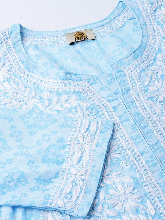 ada hand embroidered blue cotton lucknow chikankari kurta - 16844291 - Standard Image - 3