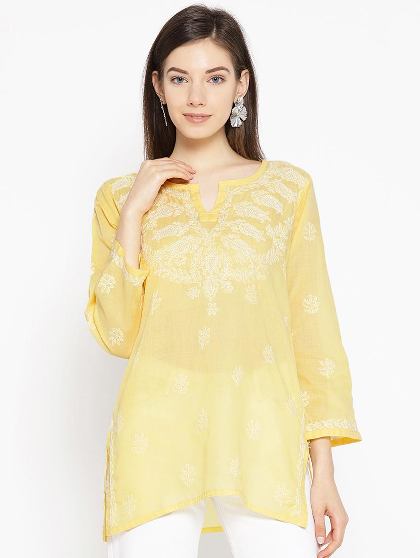 hand-embroidered yellow chikankari kurti - 16847878 - Zoom Image - 0
