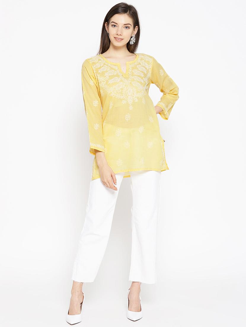 hand-embroidered yellow chikankari kurti - 16847878 - Standard Image - 3