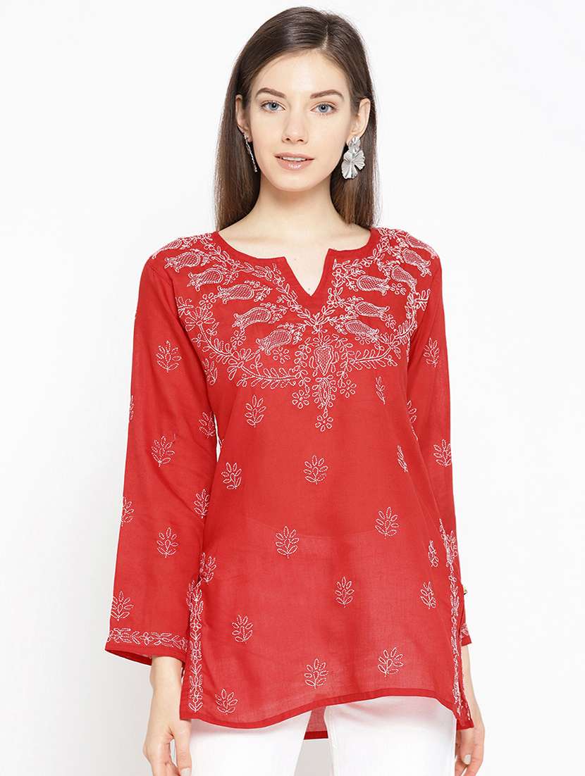 ada hand-embroidered red chikankari kurti
