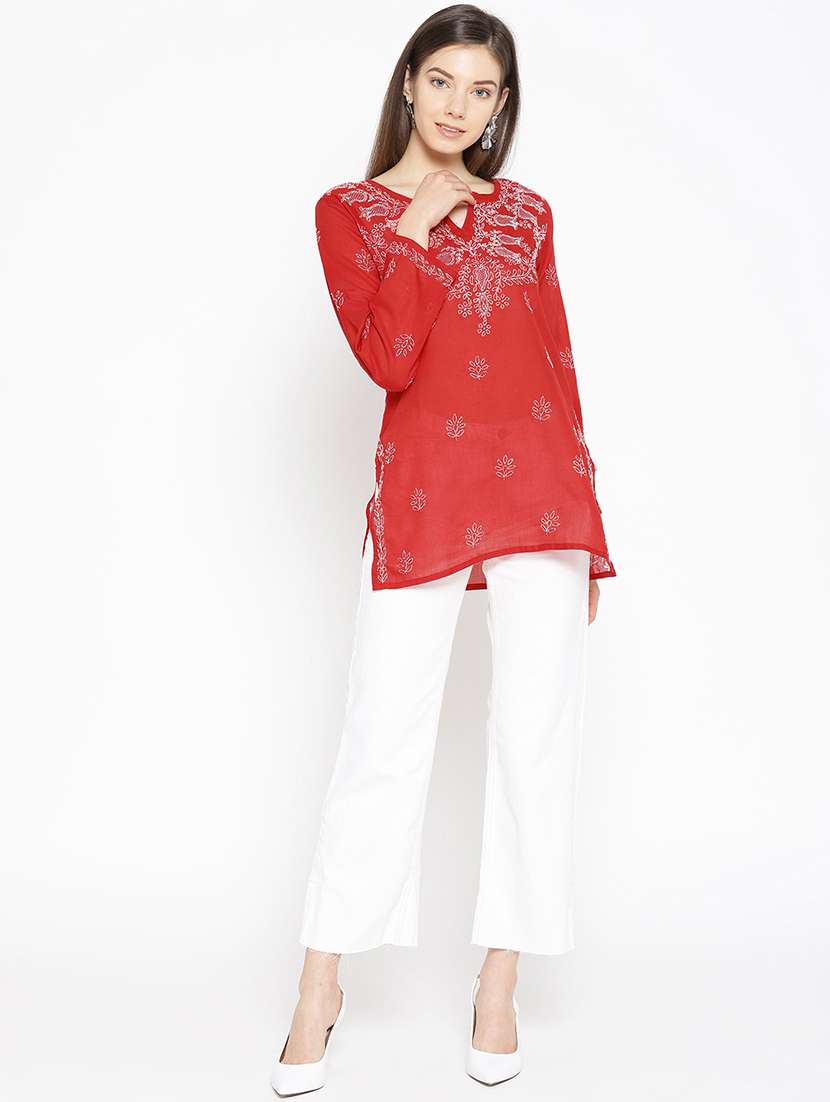 ada hand-embroidered red chikankari kurti - 16847882 -  Standard Image - 3