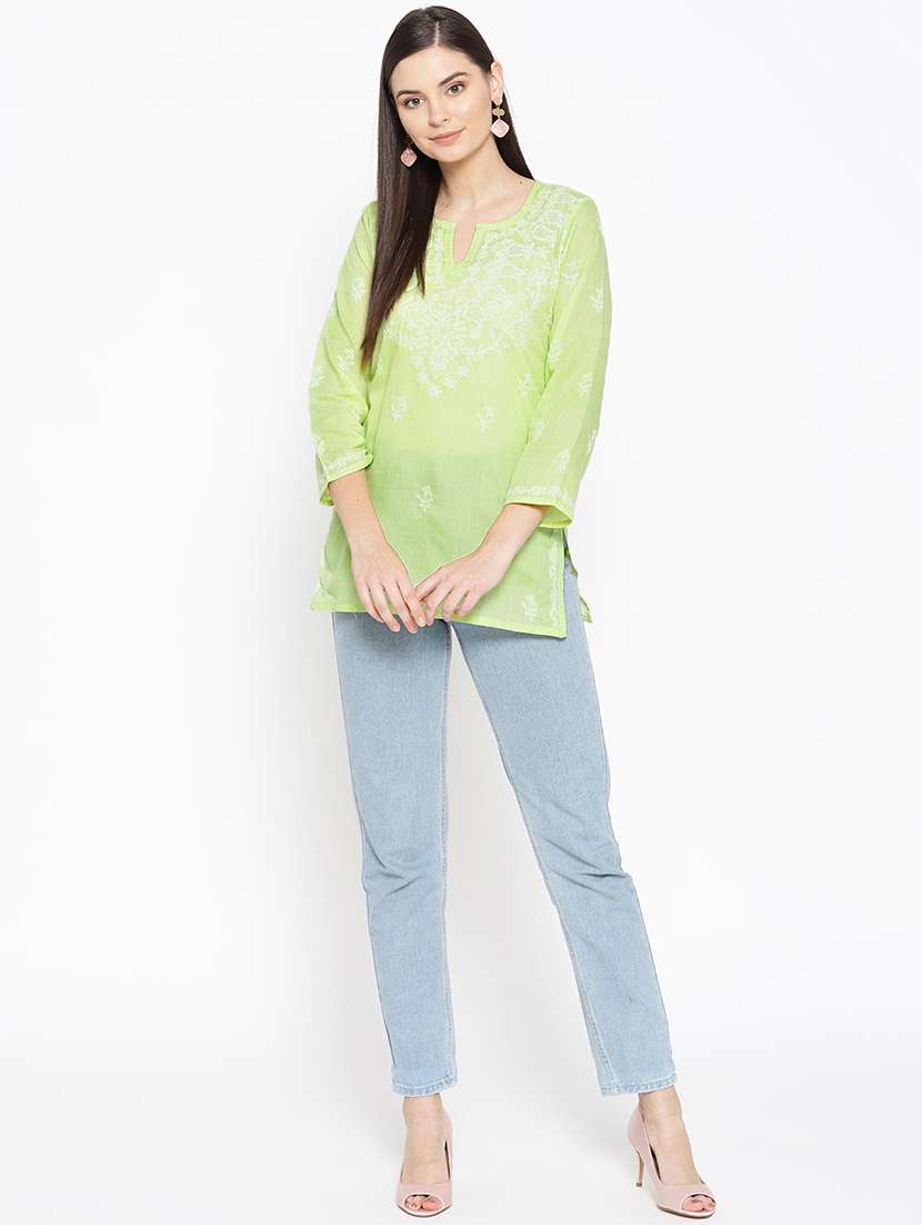 hand-embroidered green chikankari kurti - 16847883 - Standard Image - 3
