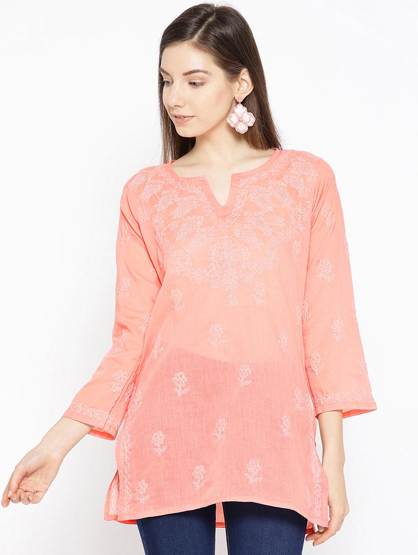 ada hand-embroidered peach chikankari kurti - 16847884 - Zoom Image - 0
