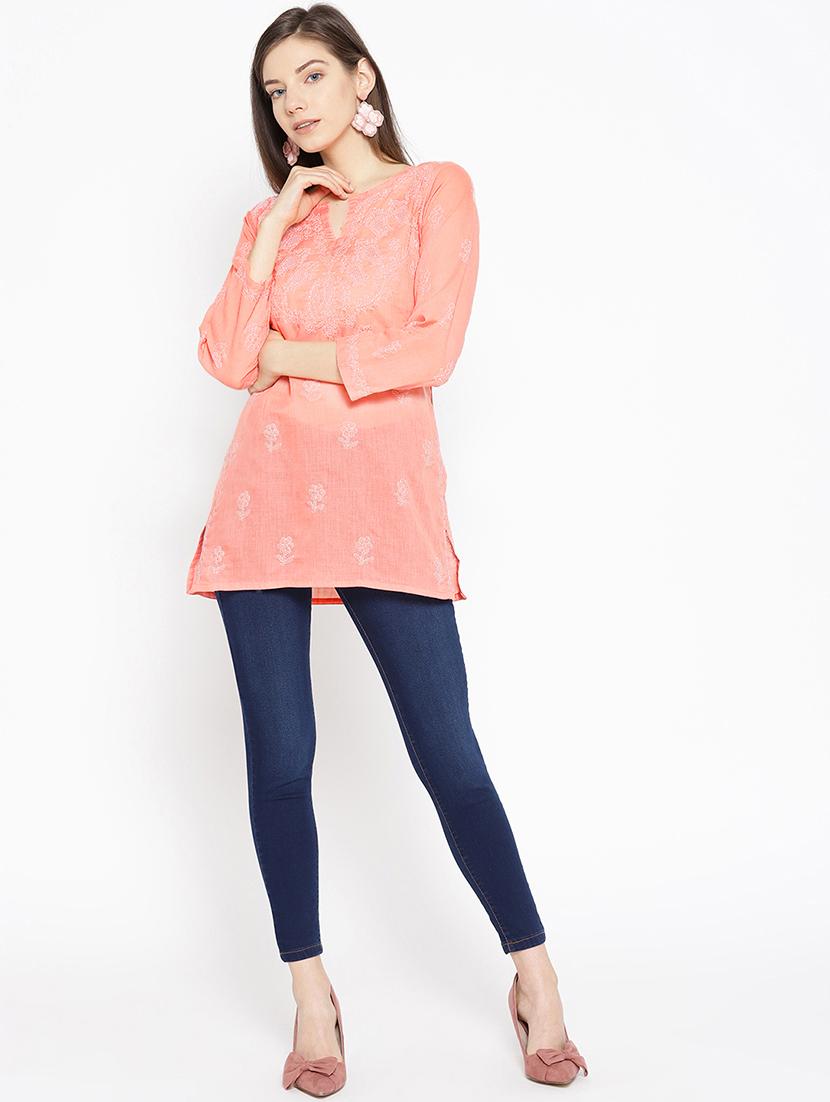 ada hand-embroidered peach chikankari kurti - 16847884 - Standard Image - 3