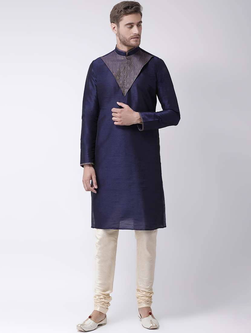 navy blue brocade kurta pyjama set - 16847917 -  Zoom Image - 0