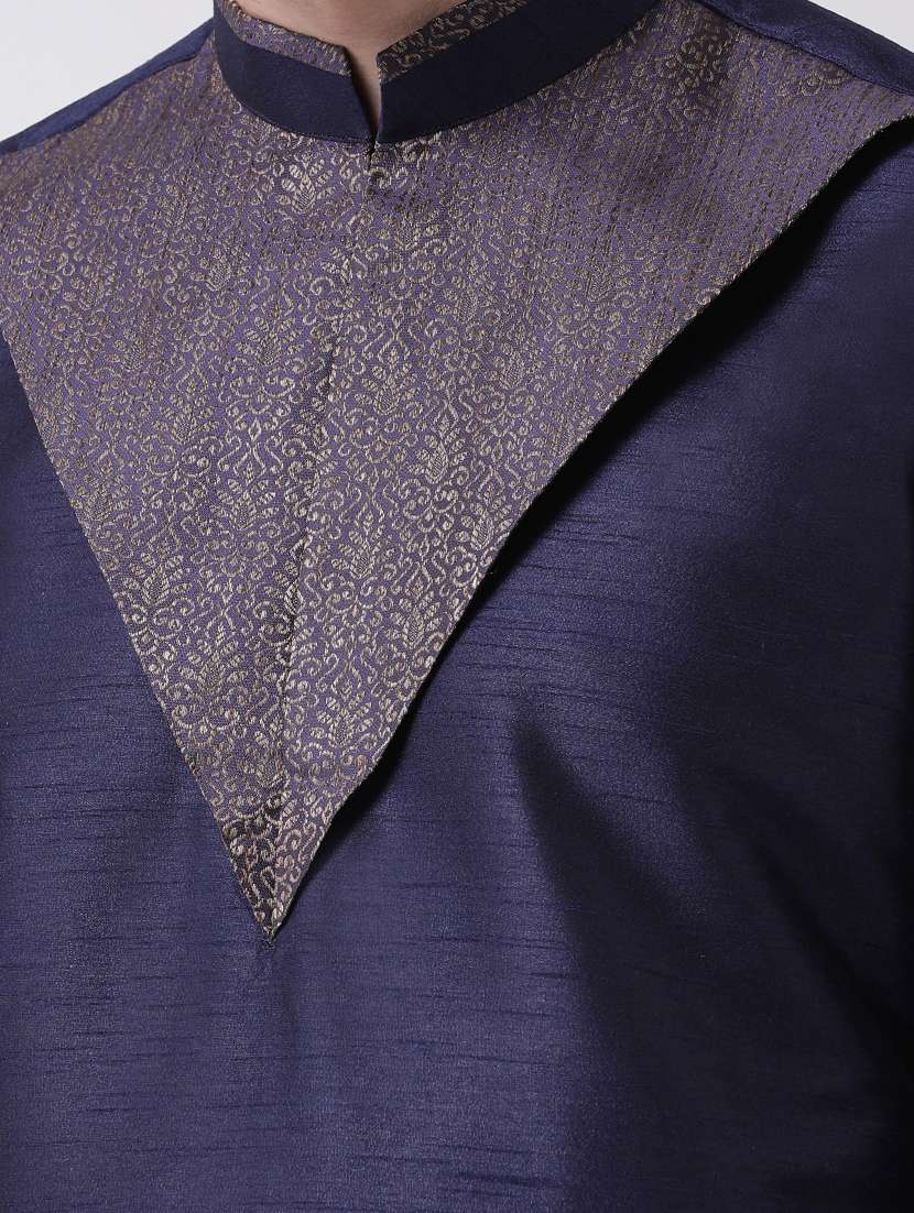 navy blue brocade kurta pyjama set - 16847917 - Standard Image - 3