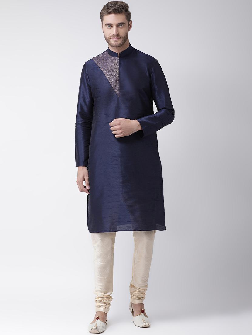 navy blue brocade kurta pyjama set - 16847920 -  Zoom Image - 0