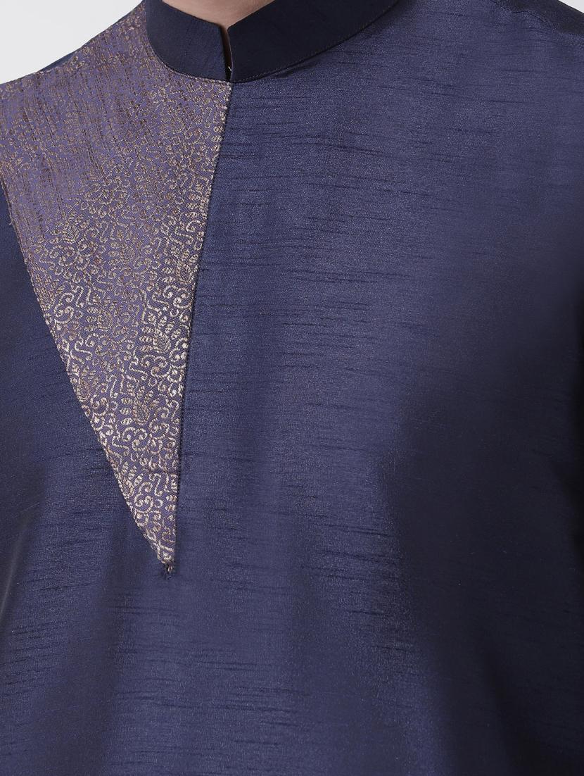 navy blue brocade kurta pyjama set - 16847920 - Standard Image - 3