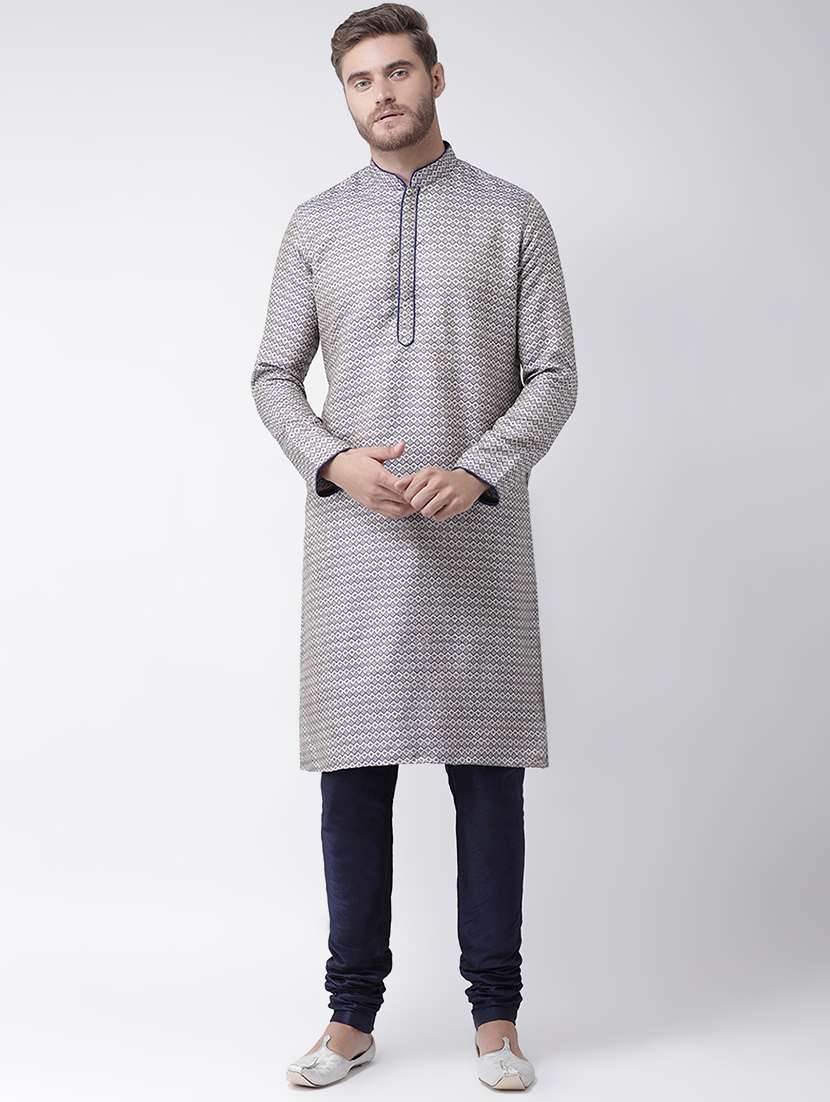navy blue jacquard kurta pyjama set - 16847926 - Zoom Image - 0