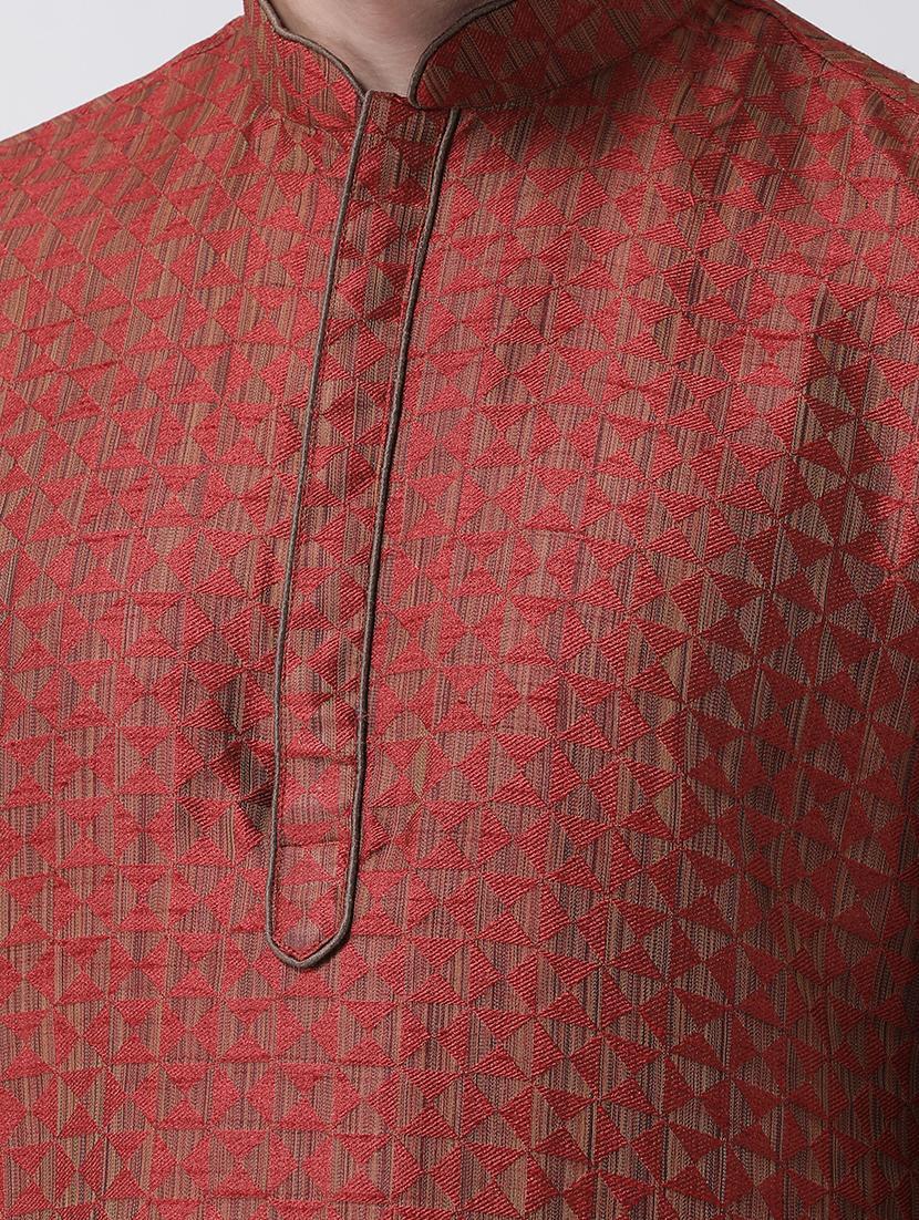 red jacquard kurta pyjama set - 16847937 - Standard Image - 3