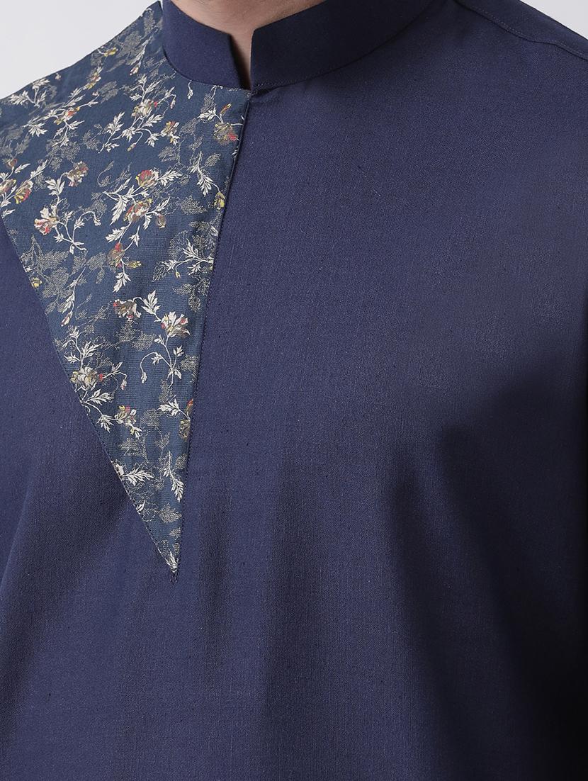 navy blue floral printed kurta pyjama set - 16847943 - Standard Image - 3