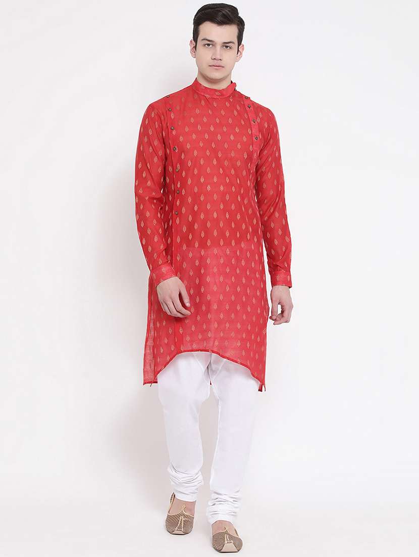 red pure silk brocade asymmetric kurta - 16848361 -  Zoom Image - 0