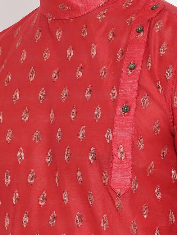 red pure silk brocade asymmetric kurta - 16848361 - Standard Image - 3
