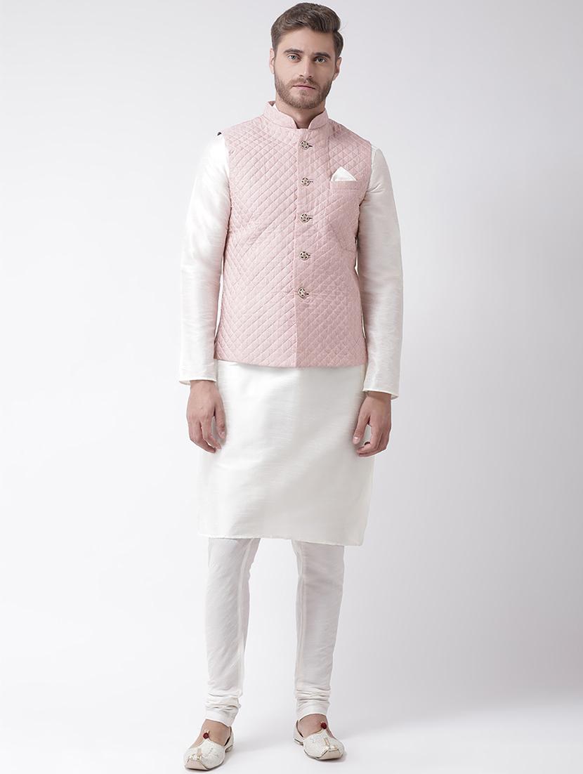 white silk blend kurta pyjama set with pink solid nehru jacket - 16856885 - Zoom Image - 0