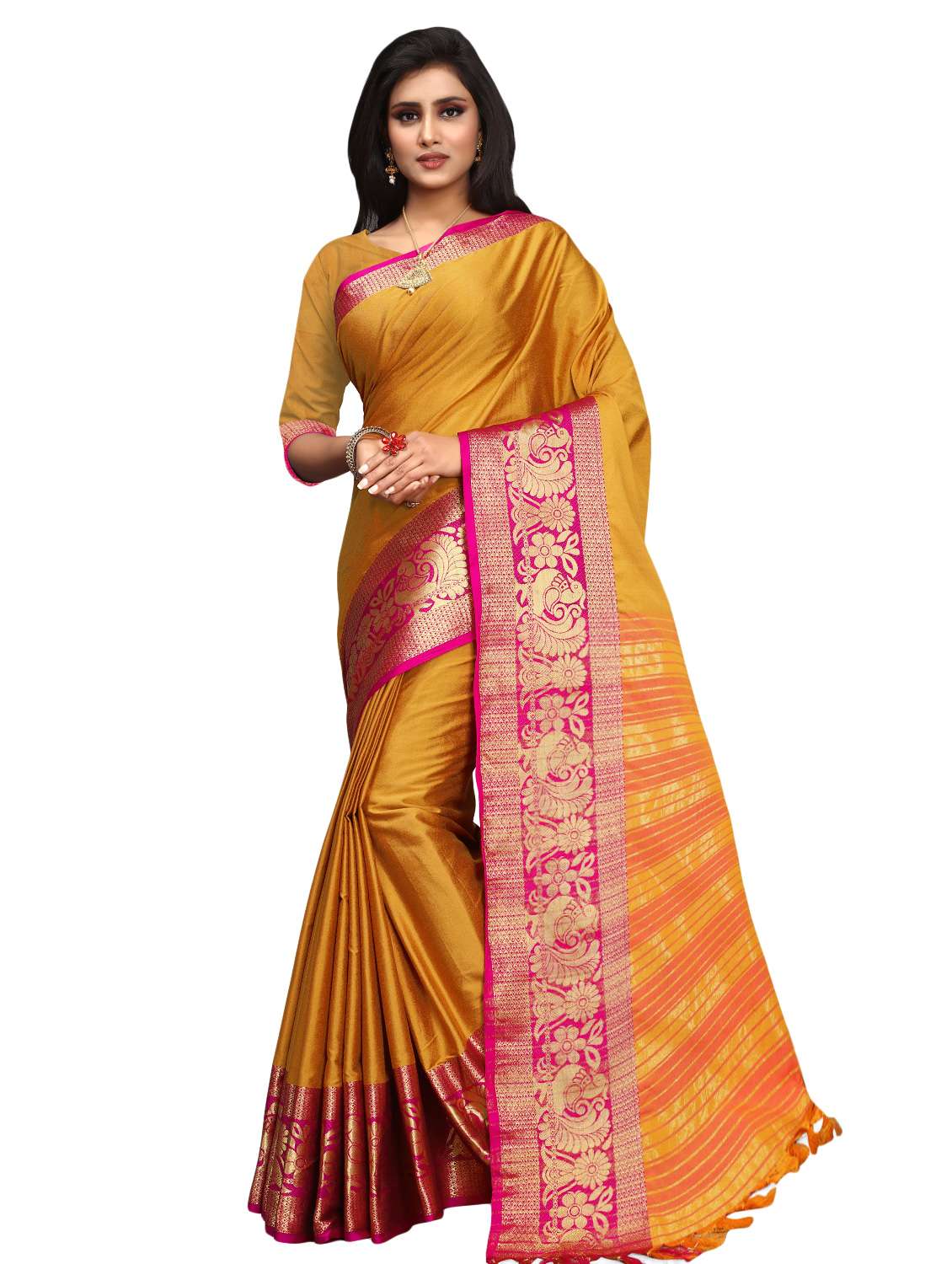 women's self design mustard colored saree with blouse - 16860285 - Zoom Image - 0