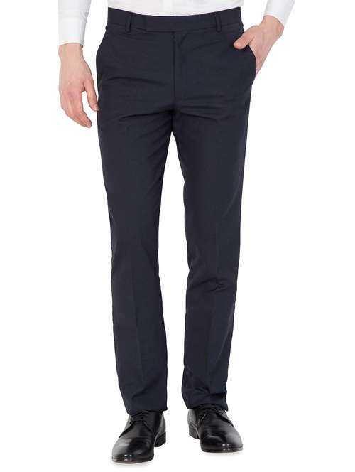 navy blue solid flat front formal trouser - 16860362 - Standard Image - 0