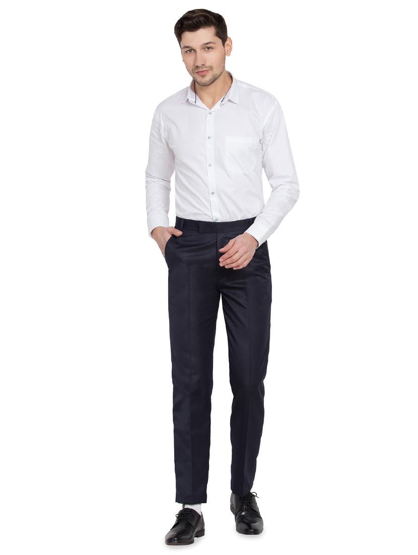 navy blue cotton blend flat front trousers formal - 16860364 - Standard Image - 3