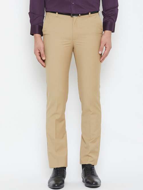 beige solid flat front formal trouser - 16865297 -  Standard Image - 0