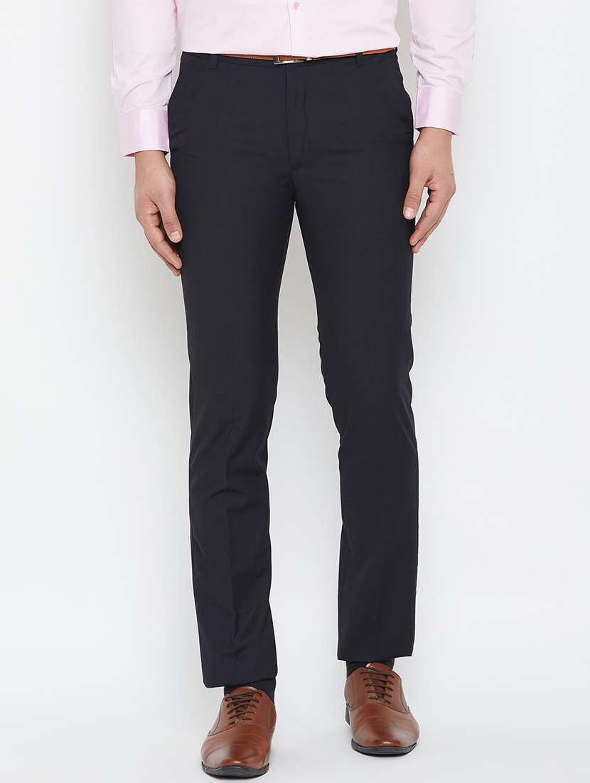 navy blue textured flat front formal trouser - 16865299 -  Zoom Image - 0