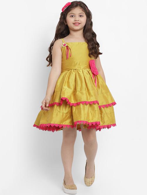 yellow solid lace detailed silk blend frock - 16866421 - Standard Image - 0