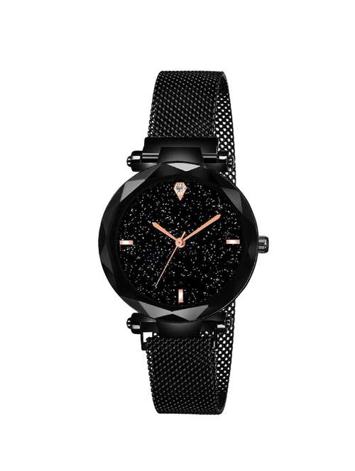 lorenz sparkling diamond cut black dial magnetic strap luxury analog watch - black - as-75a�