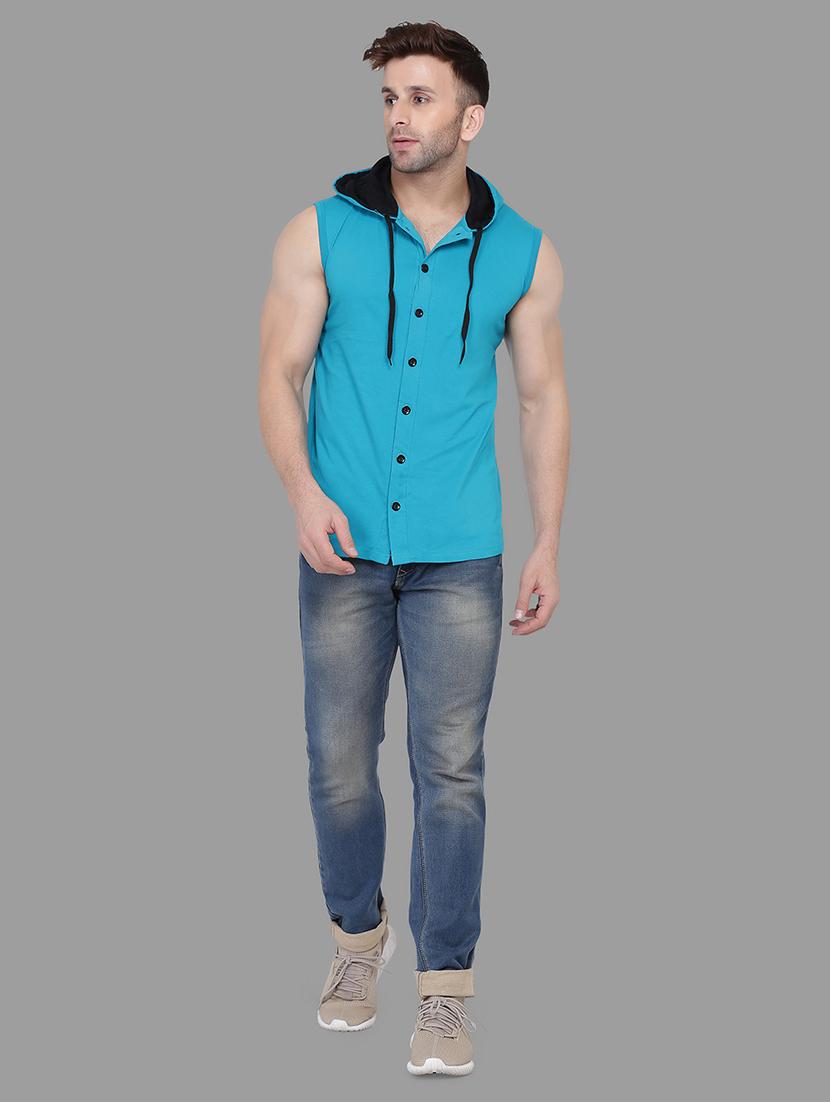 blue solid hooded t-shirt - 16873146 - Standard Image - 3