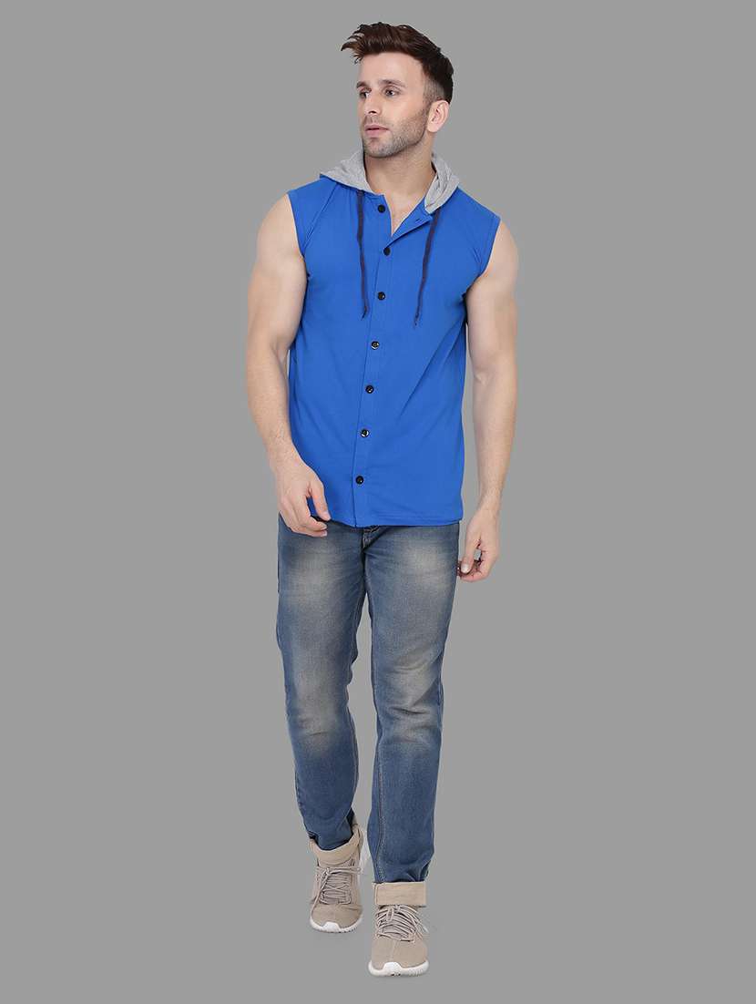 blue solid hooded t-shirt - 16873147 - Standard Image - 3