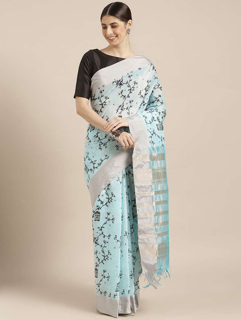 women's floral blue colored saree with blouse
