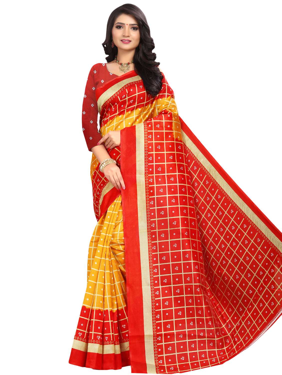 women's bandhani yellow colored saree with blouse - 16878293 -  Zoom Image - 0
