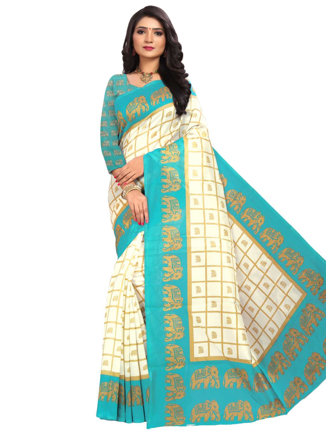 women's checks cream colored saree with blouse - 16878304 -  Zoom Image - 0