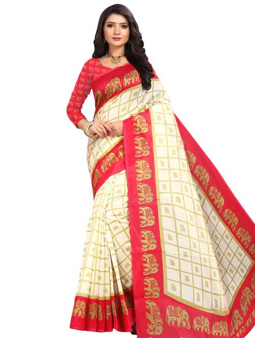 women's checks cream colored saree with blouse - 16878305 - Standard Image - 0