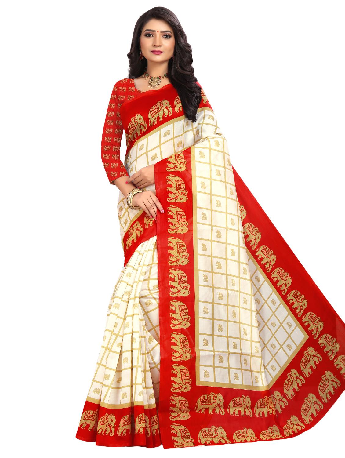 women's checks cream colored saree with blouse - 16878306 - Zoom Image - 0
