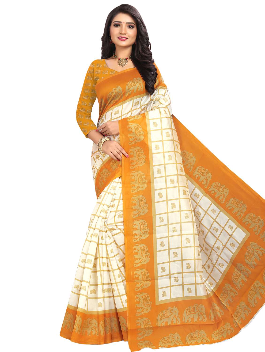 women's checks cream colored saree with blouse - 16878307 -  Zoom Image - 0