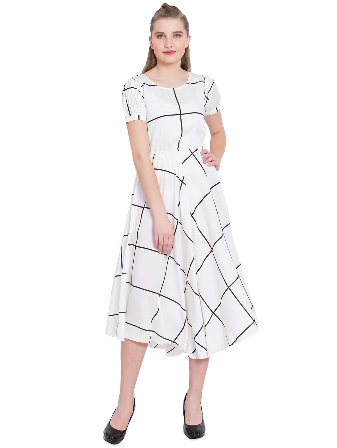 round neck checkered fit & flare dress