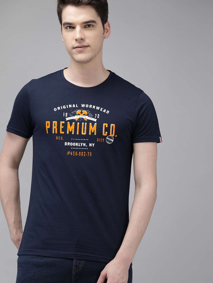 navy blue typographic chest print t-shirt