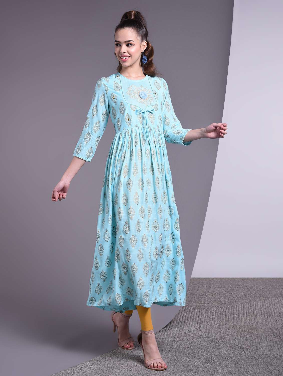 gold print flared kurta