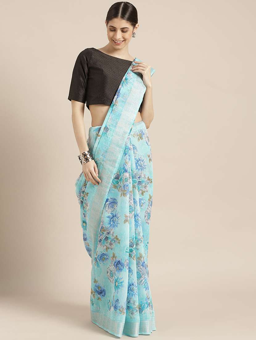 women's floral light blue colored saree with blouse