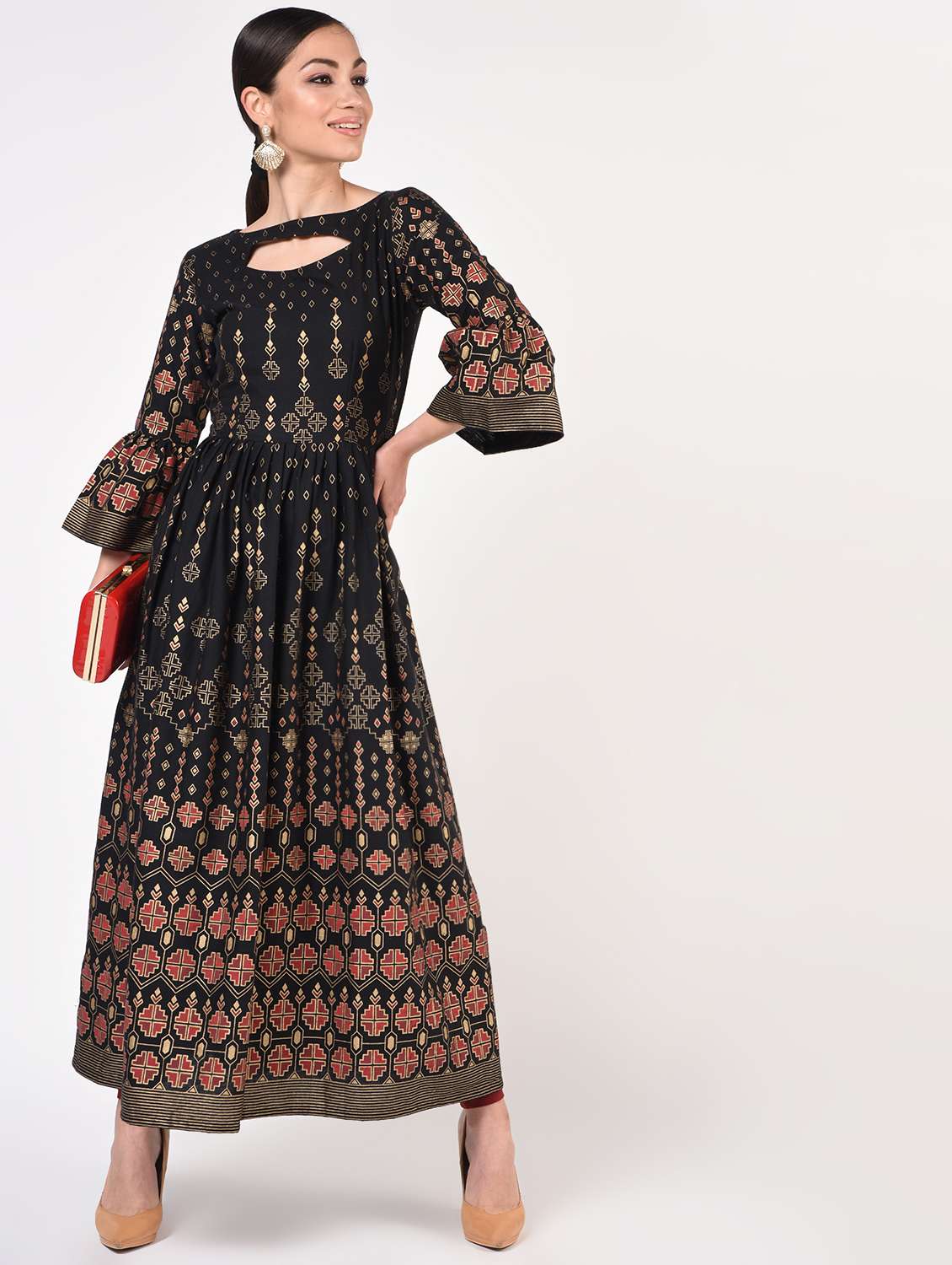 gold print a-line kurta 