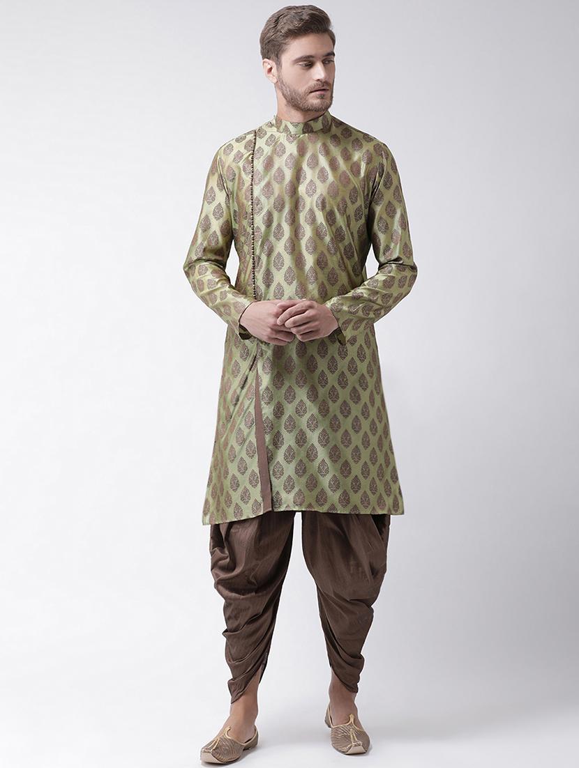 green silk blend jacquard dhoti kurta pyjama set - 16889504 -  Zoom Image - 0