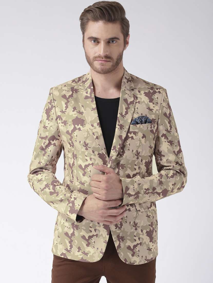 Buy online Beige Camouflage Print Single Breasted Casual Blazer