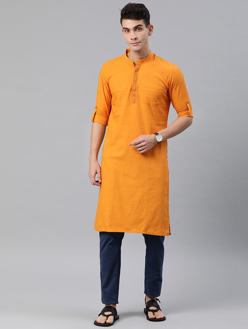orange solid long kurta with embroidered neckline - 16894487 - Zoom Image - 0