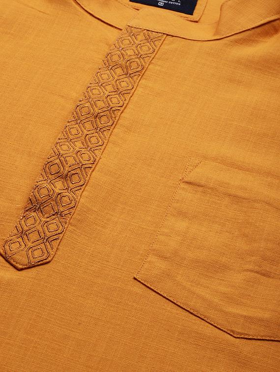 orange solid long kurta with embroidered neckline - 16894487 - Standard Image - 3
