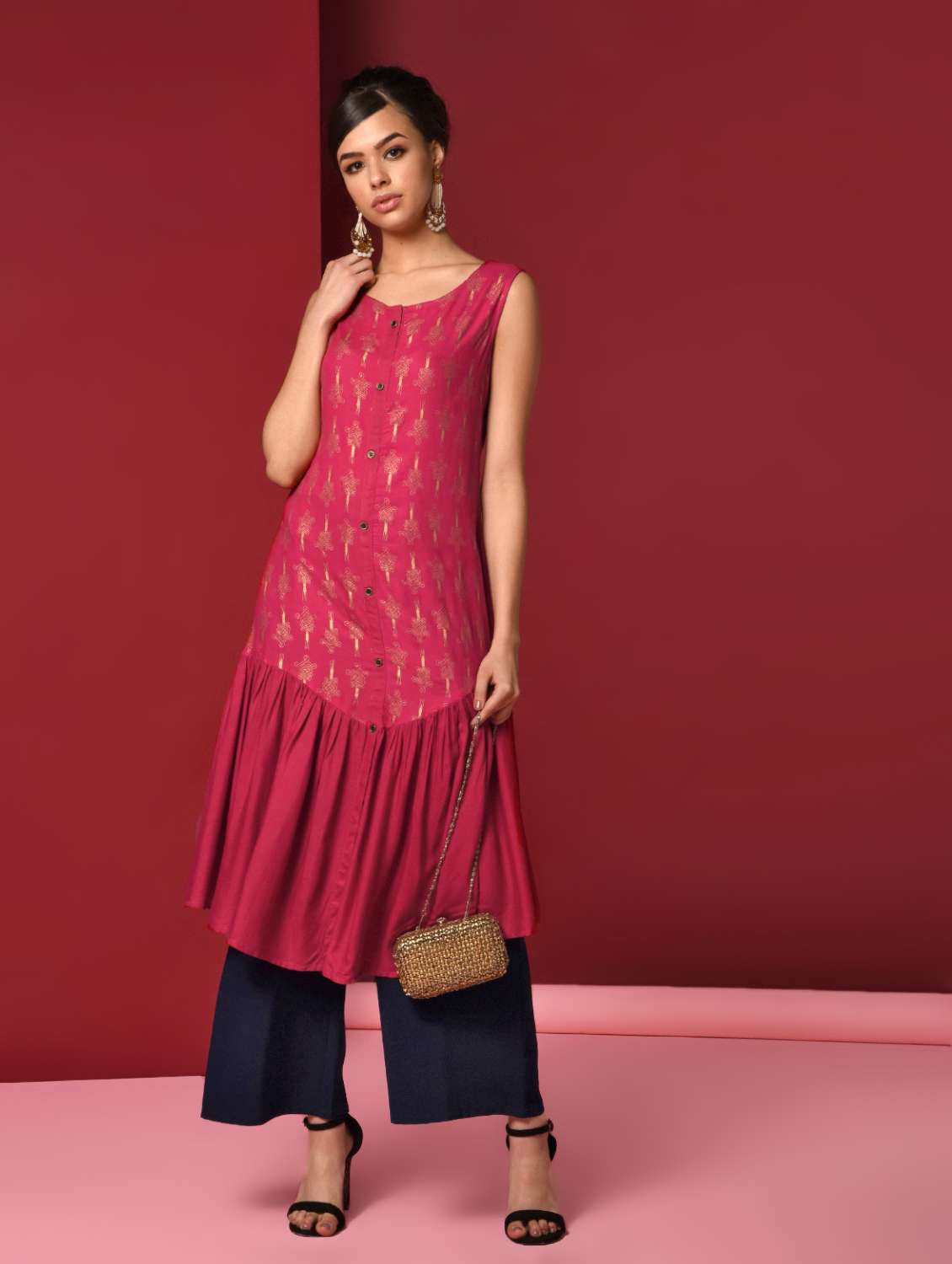 gold print a-line kurta